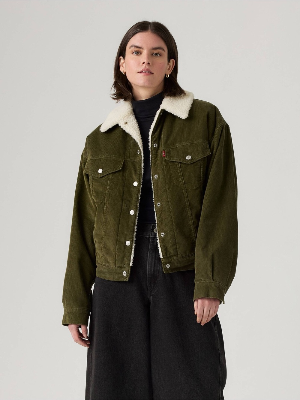 Levi's Olive Corduroy Trucker with Cream Sherpa Collar